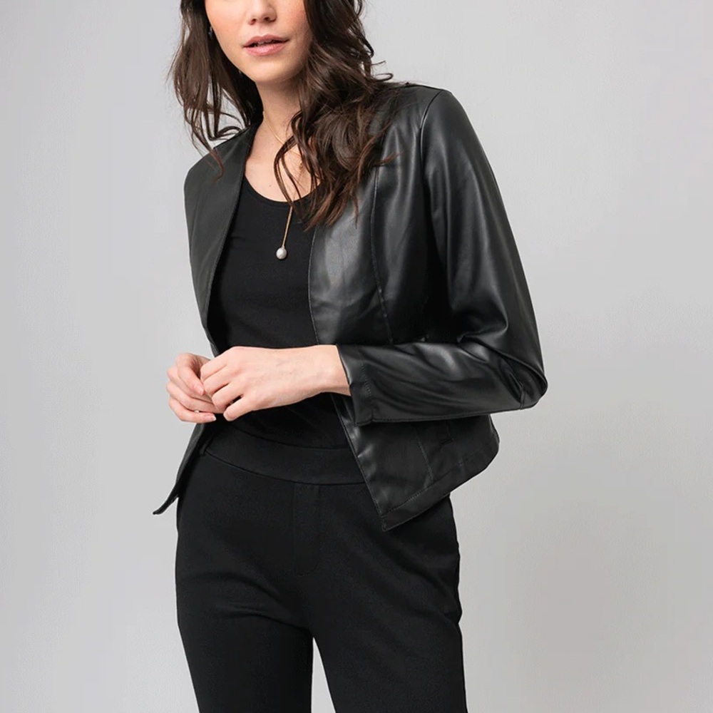 Black short faux leather blazer